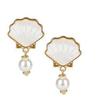 Shell Stud Drop Pearl Earrings - Scallop Seashore