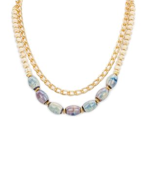 Teal and White Double Strand Short Necklace - Ceramic Bead