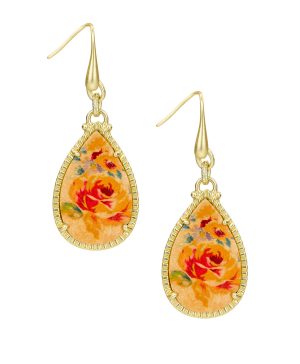 Tear Drop Earrings - Leather Inset ‑ Aegean Blooms Spot Print