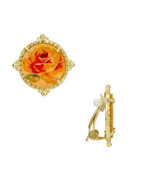 Round Button Earrings - Leather Inset ‑ Aegean Blooms Spot Print