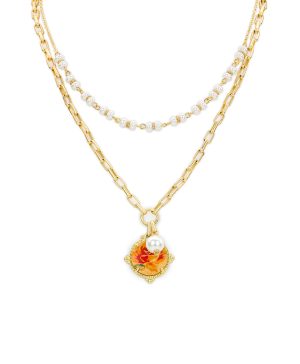 Double Strand Necklace - Leather Inset ‑ Aegean Blooms Spot Print