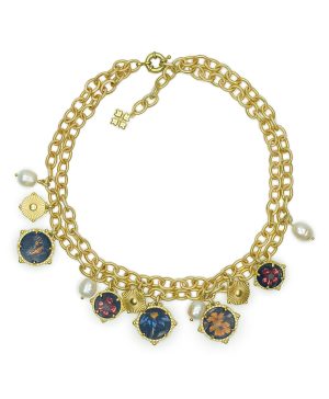 Double Chain Charm Necklace - Leather Inset