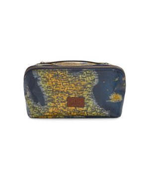 Clancy Cosmetic Case - Patina Coated Linen Canvas ‑ Greek Map